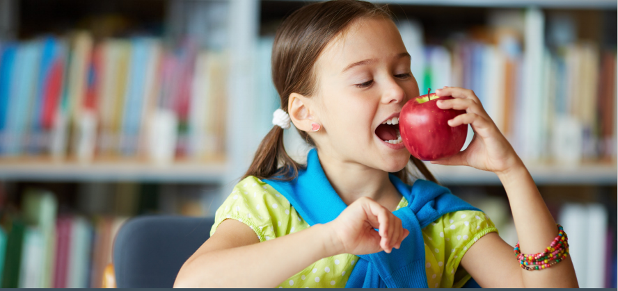 smiling girl with apple minus logo